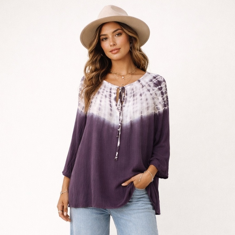 Medium Tie Dye Tunic Top Tie Front 3/4 Sleeves Blue Nautical Casual Boho Hippie